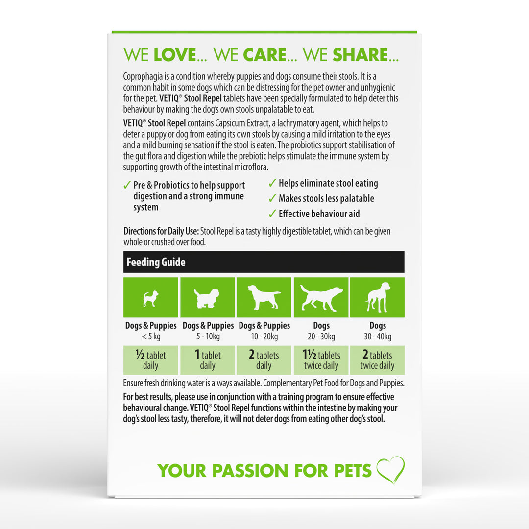 VETIQ Stool Repel Tablets back of pack with directions and feeding guide by dog weight