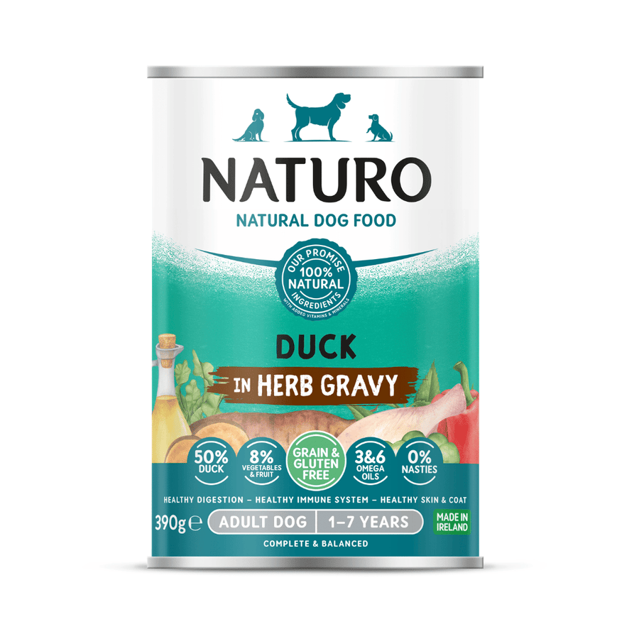 Naturo Adult Dog Grain and Gluten Free Duck in Herb Gravy 390g can, front of pack
