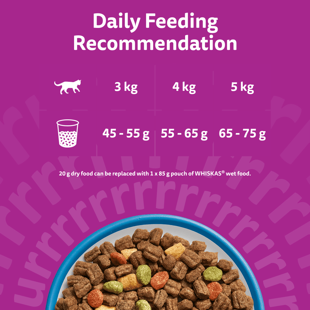 Whiskas 1+ Adult dry cat food daily feeding guide for 3kg, 4kg and 5kg cats