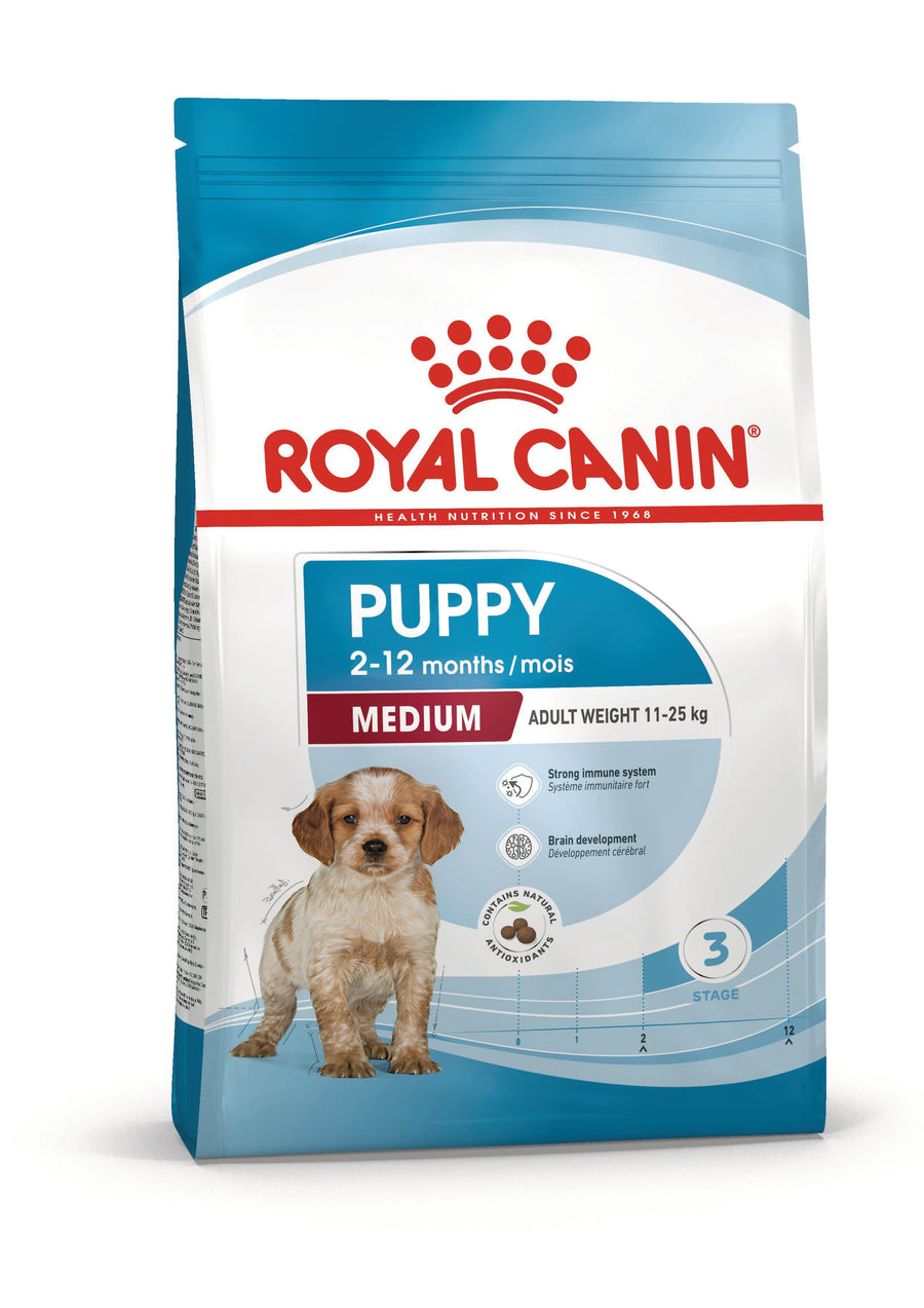 Royal Canin Medium Puppy dry dog food bag, front of pack