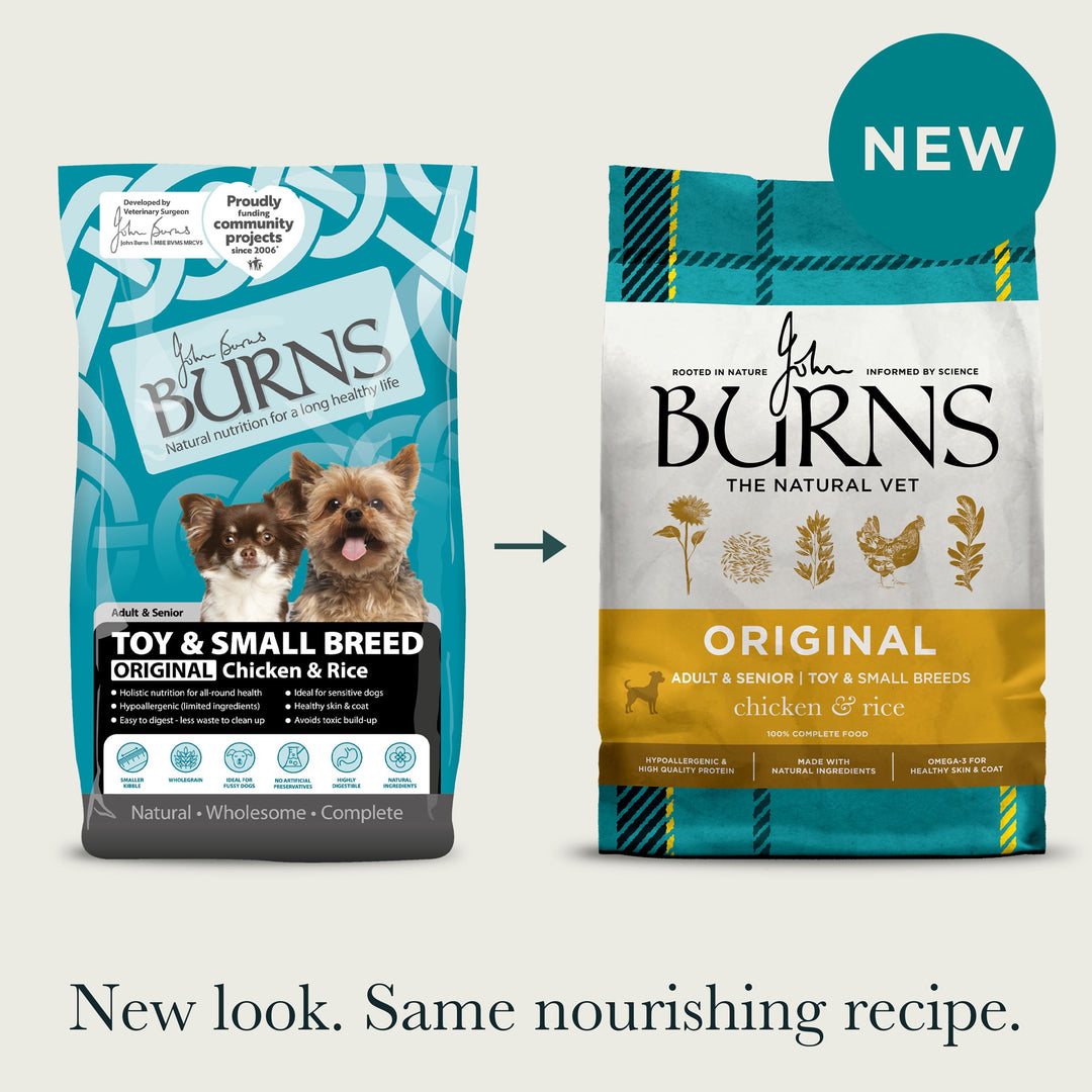 Burns Toy and Small Breed old pack beside new Original Chicken and Rice pack: new look, same recipe