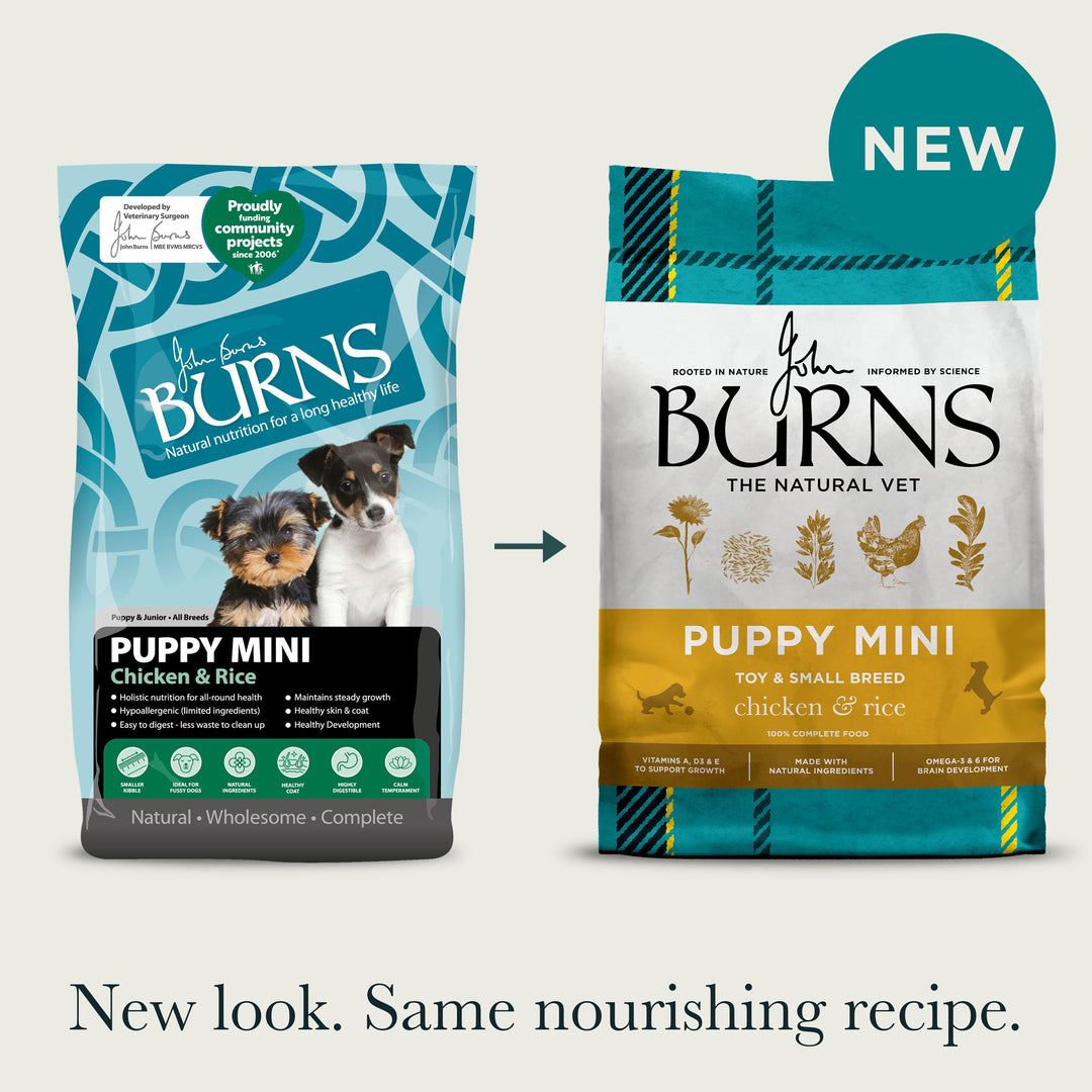 Burns Puppy Mini previous pack and new pack design side by side: new look, same recipe