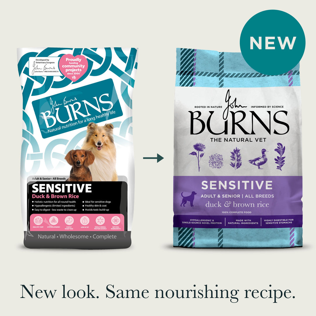 Burns Sensitive Duck & Brown Rice old and new pack designs, same recipe