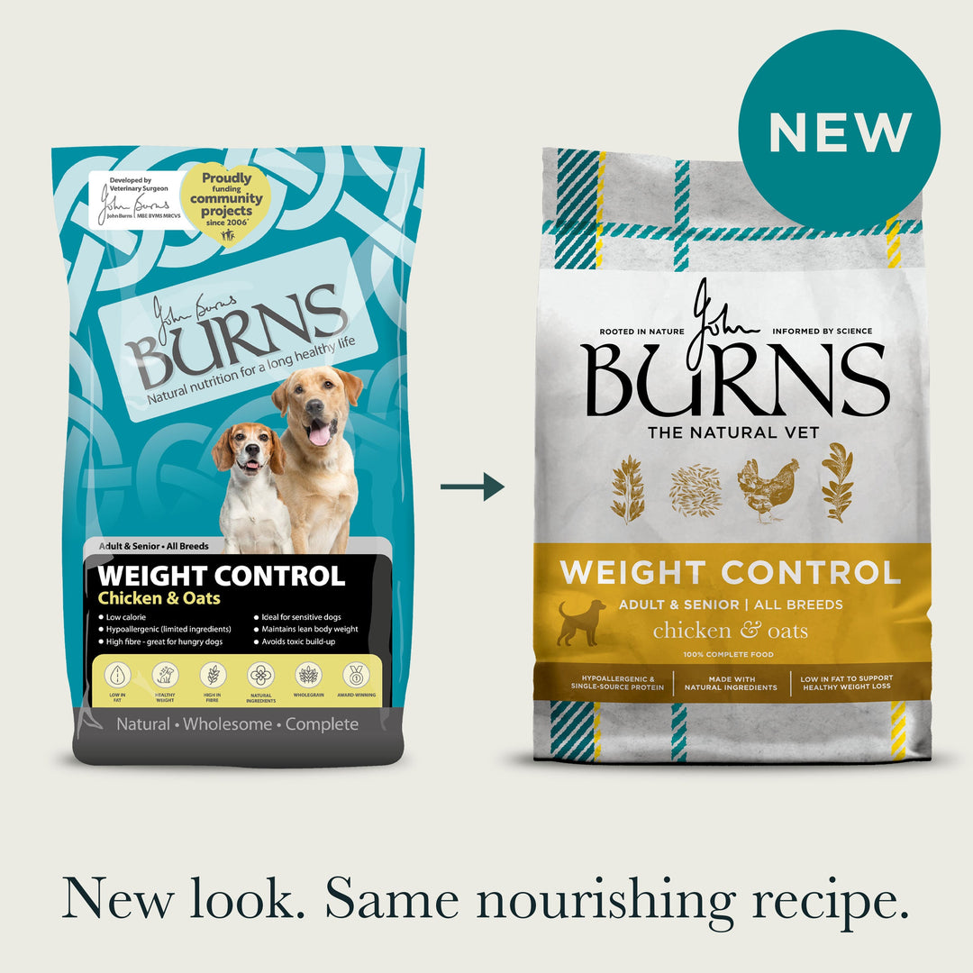 Burns Weight Control Chicken and Oats old pack beside new pack: new look, same recipe