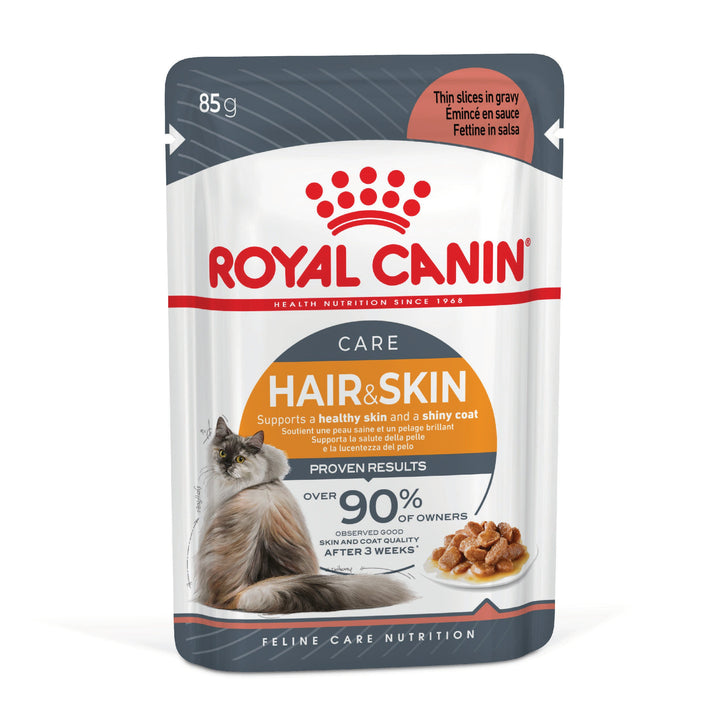 Royal Canin Hair and Skin Care in Gravy 85g pouch, front of pack
