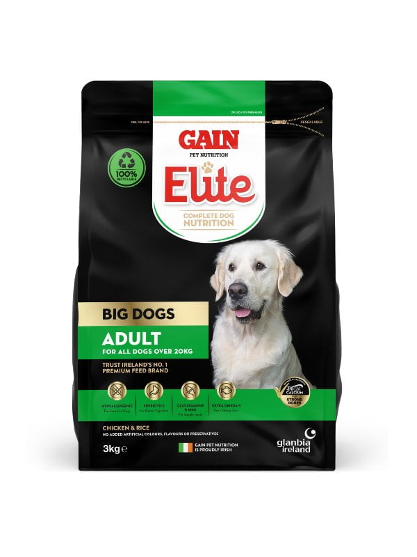 Gain Elite Big Dogs Adult Chicken dog food 3kg bag, front of pack