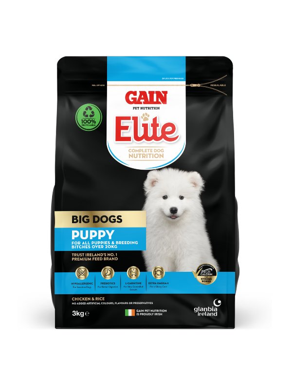 Gain Elite Big Dogs Puppy Chicken dog food 3kg bag, front of pack