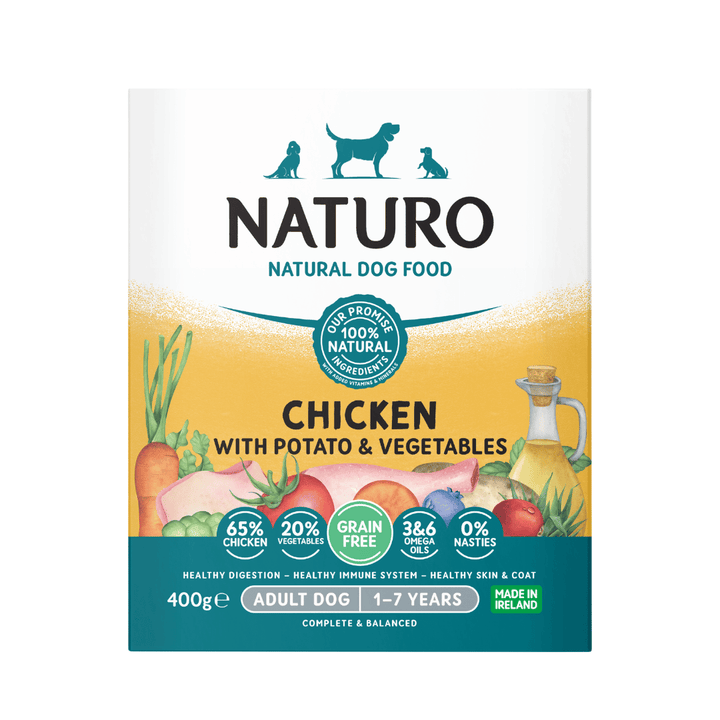 Naturo Grain Free Adult Dog Chicken with Potato and Vegetables 400g tray, front of pack