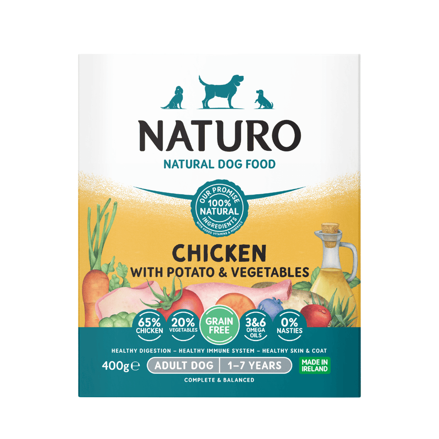Naturo Grain Free Adult Dog Chicken with Potato and Vegetables 400g tray, front of pack