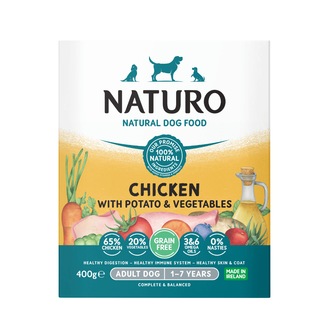 Naturo Adult Dog Grain Free Chicken with Potato and Vegetables 400g tray, front of pack