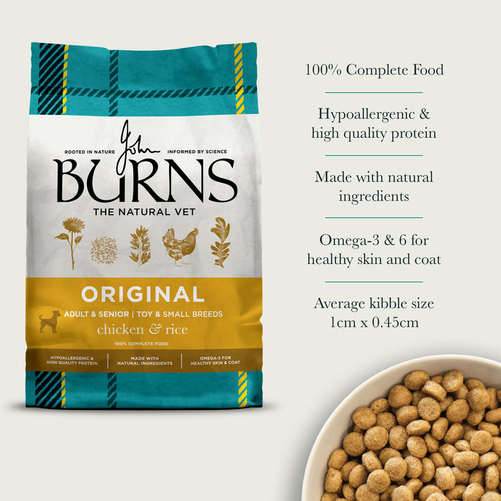 Burns Original Toy and Small Breed bag with kibble and key benefits: complete, hypoallergenic, natural ingredients, omega 3 and 6