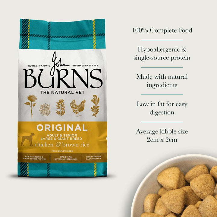 Burns Large & Giant Breed key benefits: complete food, hypoallergenic single protein, low in fat, kibble 2cm