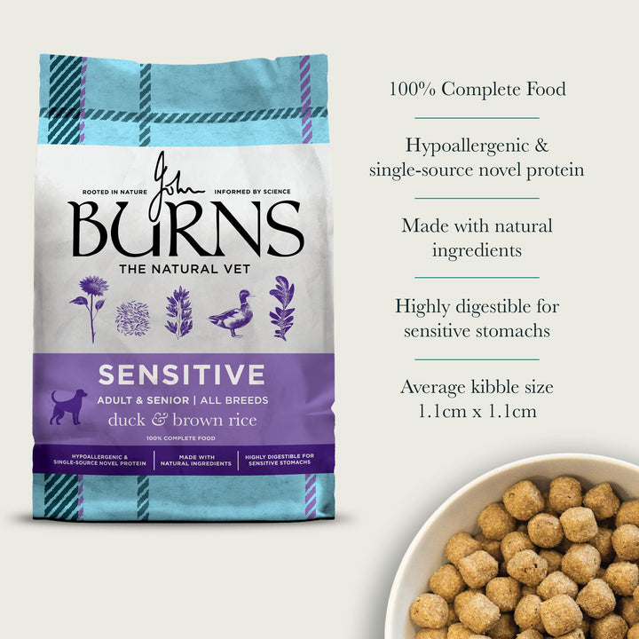 Burns Sensitive Duck & Brown Rice: hypoallergenic, single source novel protein, kibble 1.1cm