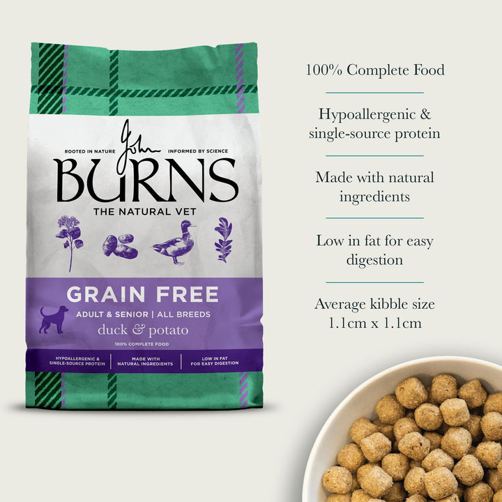Burns Grain Free Duck and Potato: complete food, hypoallergenic single source protein, natural ingredients, low in fat, with kibble in bowl