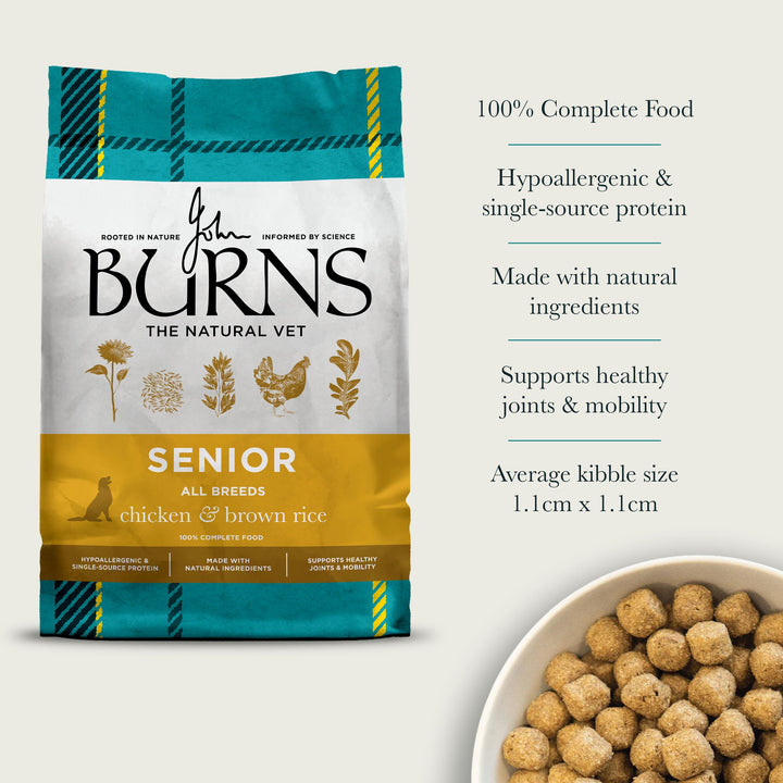 Burns Senior Chicken & Brown Rice: complete food, hypoallergenic, natural ingredients, supports healthy joints, kibble 1.1cm