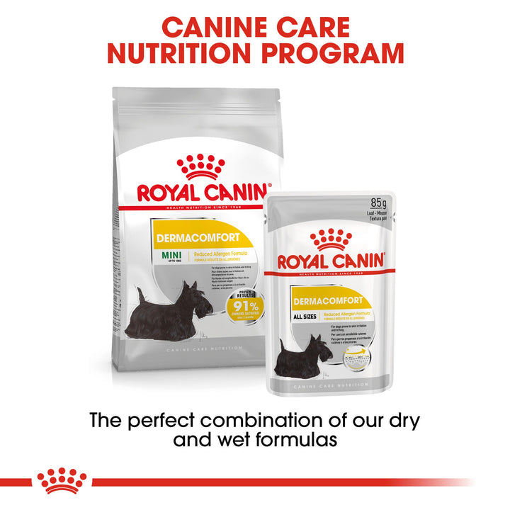 Royal Canin Mini Dermacomfort dry food and wet pouch: canine care nutrition programme