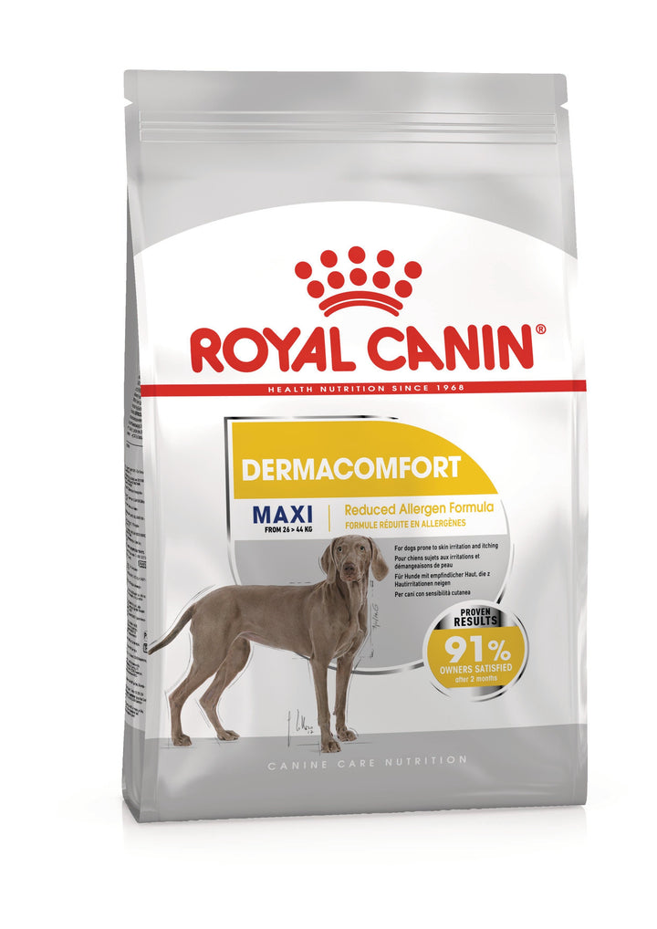 Royal Canin Maxi Dermacomfort dry dog food 12kg bag, front of pack