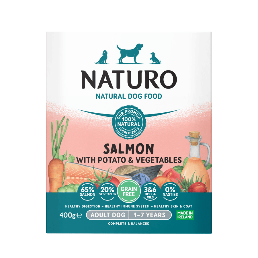 Naturo Grain Free Salmon with Potato and Vegetables adult wet dog food 400g tray, front of pack