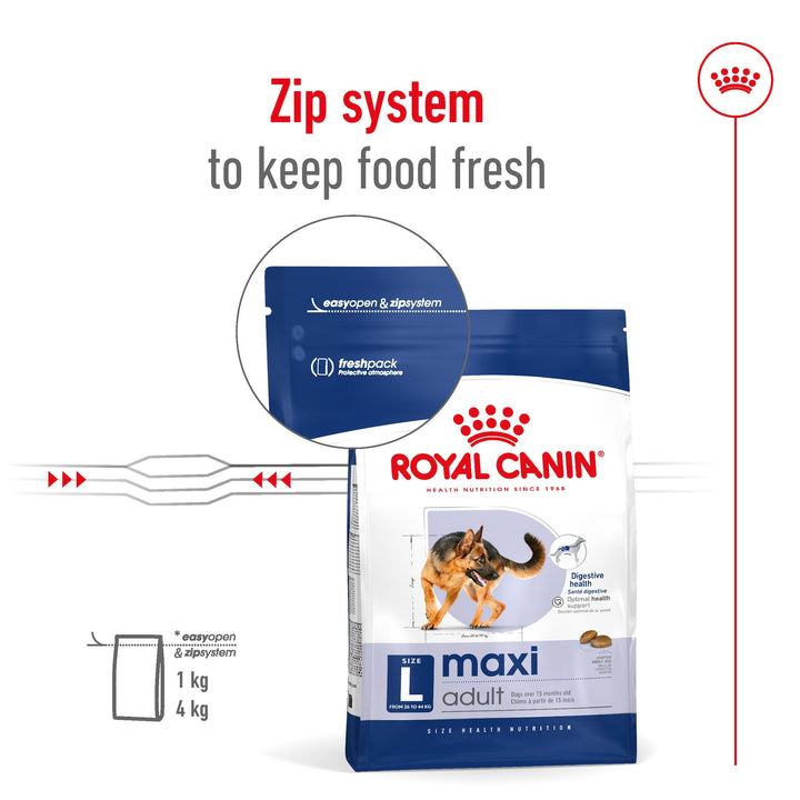 Royal Canin Maxi Adult dry dog food bag with zip system to keep food fresh