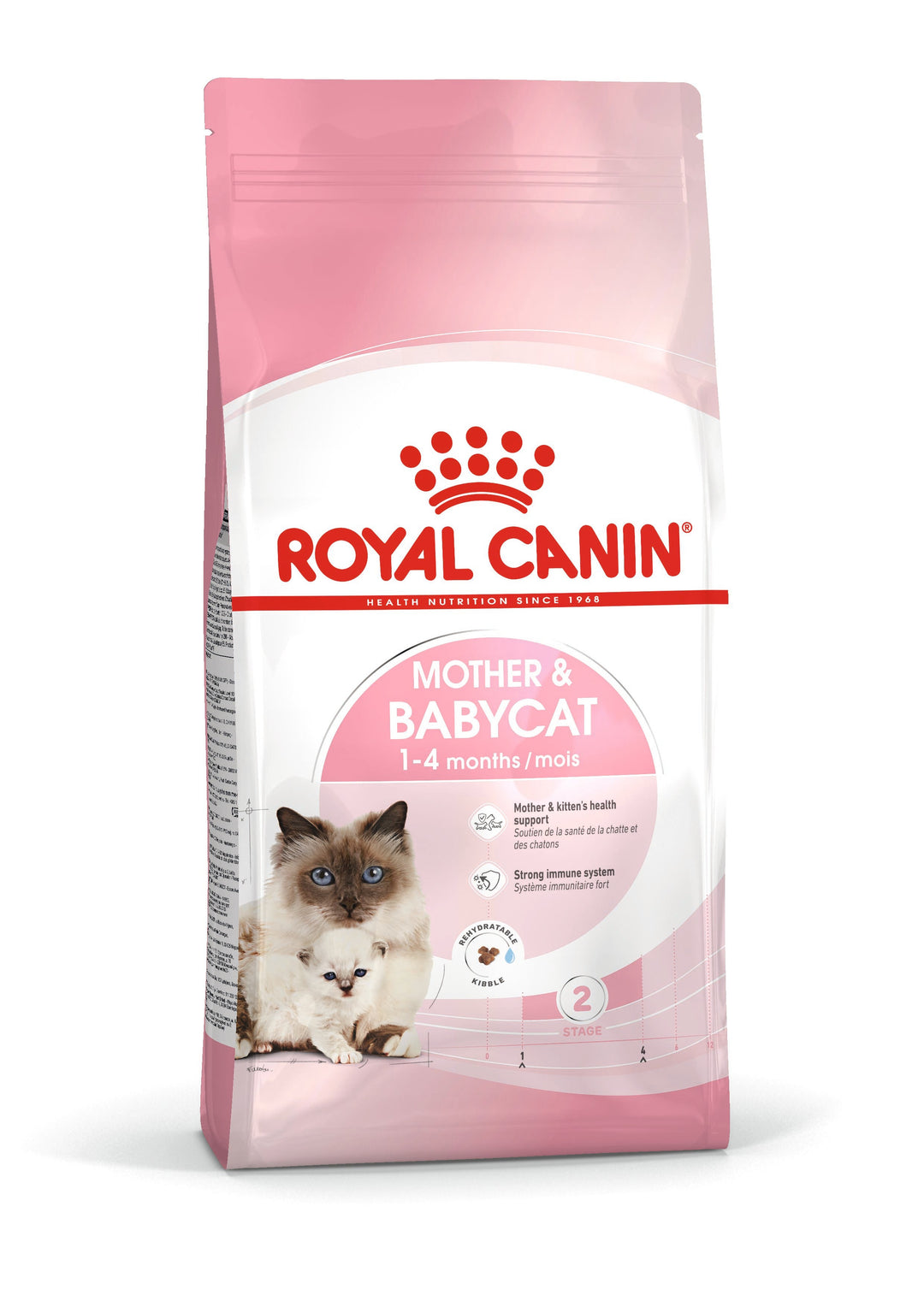 Royal Canin Mother and Babycat dry cat food bag, front of pack, kittens 1 to 4 months