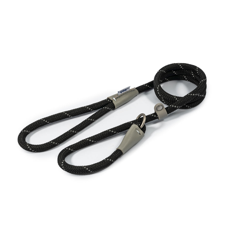 Ancol Viva black reflective rope slip lead with leather adjuster