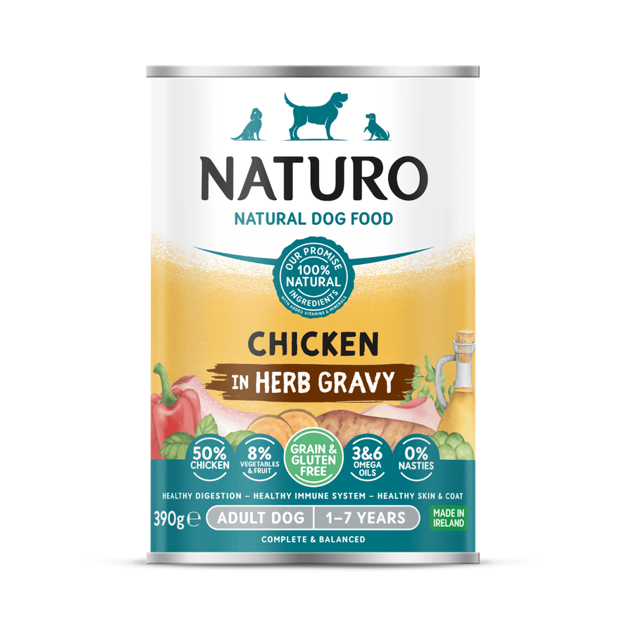 Naturo Adult Dog Grain and Gluten Free Chicken in Herb Gravy 390g can, front of pack