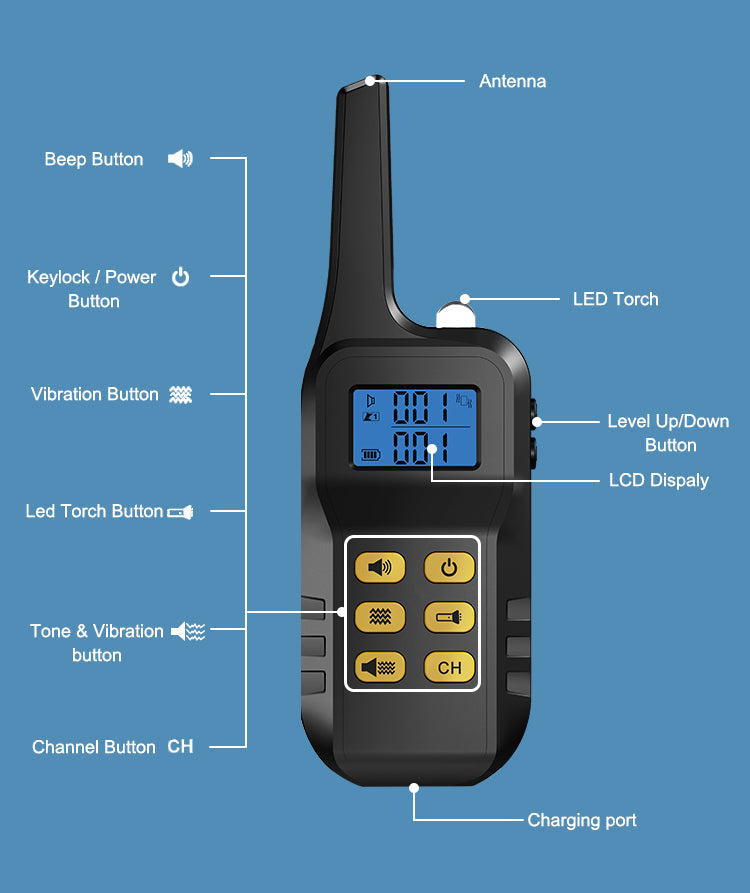 PawGuard T721 remote buttons: beep, power and keylock, vibration, LED torch, tone and vibration, channel and level up and down