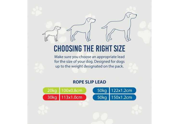 Ancol Viva Rope Slip Lead size guide: 8mm up to 20kg, 10mm up to 30kg, 12mm up to 50kg
