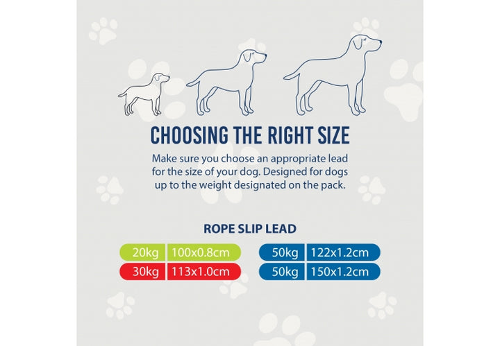 Ancol Viva Rope Slip Lead size guide: 8mm up to 20kg, 10mm up to 30kg, 12mm up to 50kg