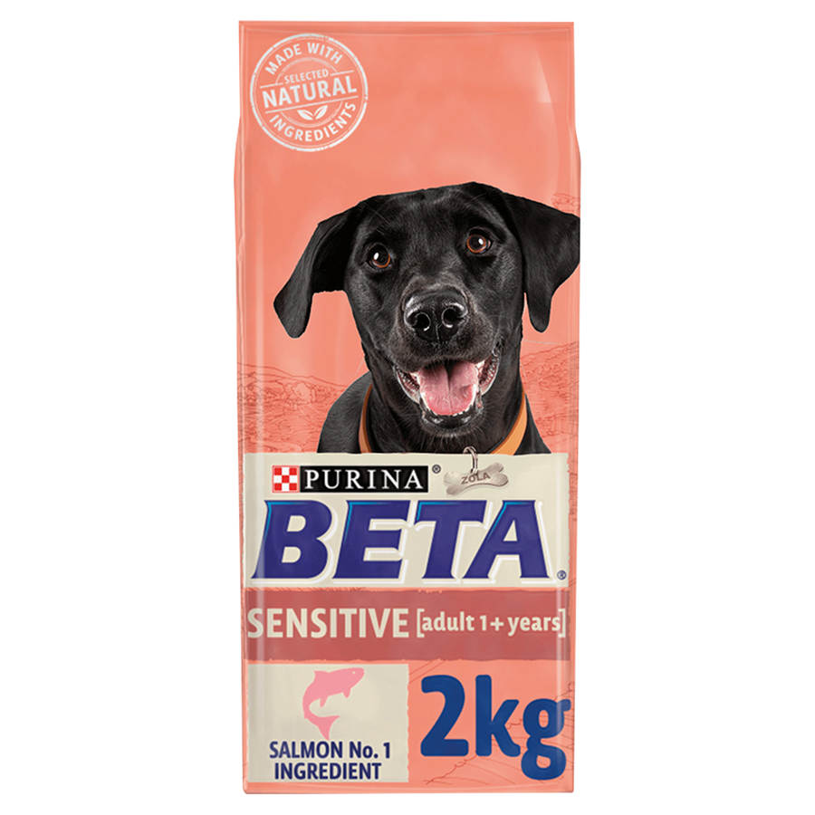Purina Beta Sensitive Adult 1+ years with Salmon dry dog food 2kg bag, front of pack