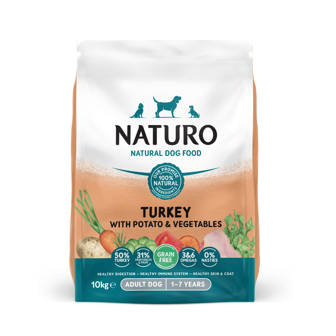 Naturo Grain Free Turkey with Potato and Vegetables adult dry dog food 10kg, front of pack