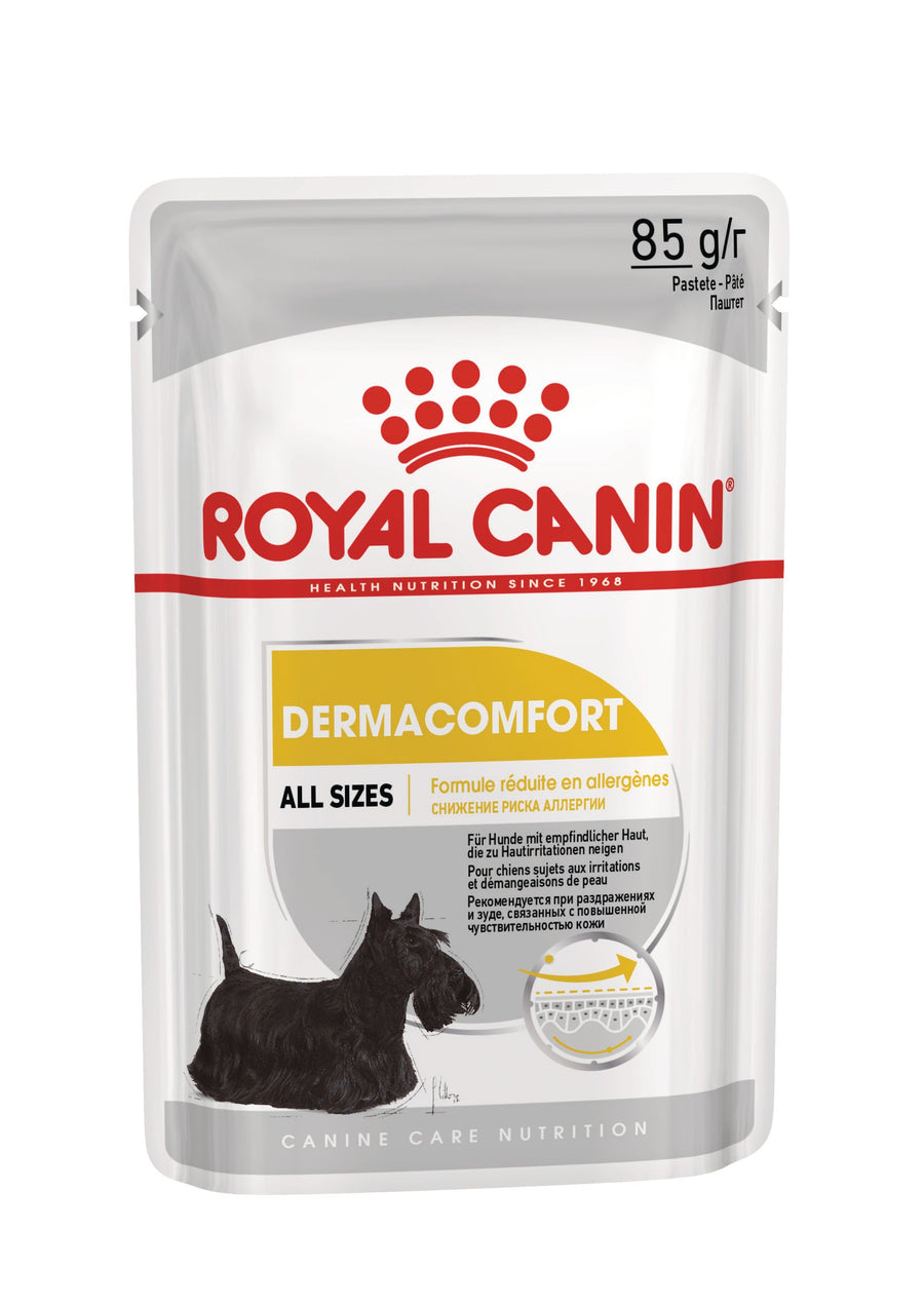 Royal Canin Dermacomfort Care Loaf 85g wet dog food pouch front, all sizes