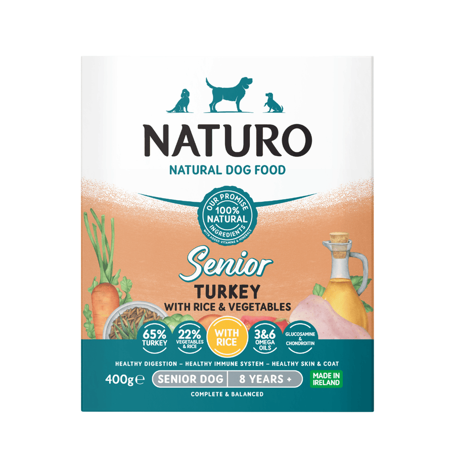 Naturo Senior Turkey with Rice & Vegetables 400g wet dog food tray for dogs 8 years plus, front of pack