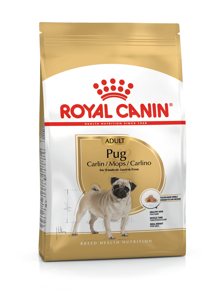 Royal Canin Pug Adult dry dog food bag, front of pack