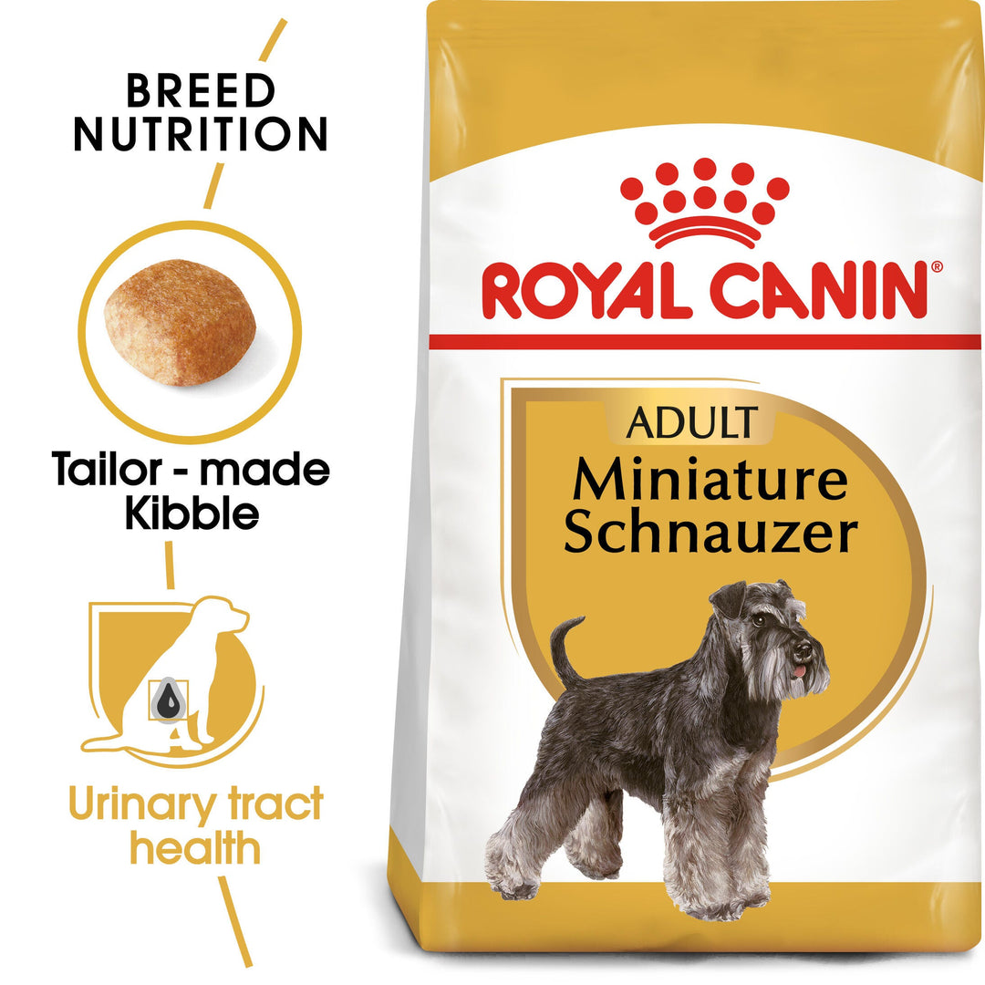 Royal Canin Miniature Schnauzer Adult pack with tailor made kibble and urinary tract health benefits