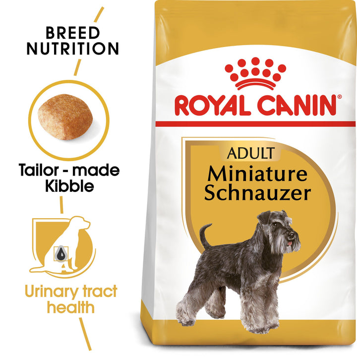 Royal Canin Miniature Schnauzer Adult pack with tailor made kibble and urinary tract health benefits