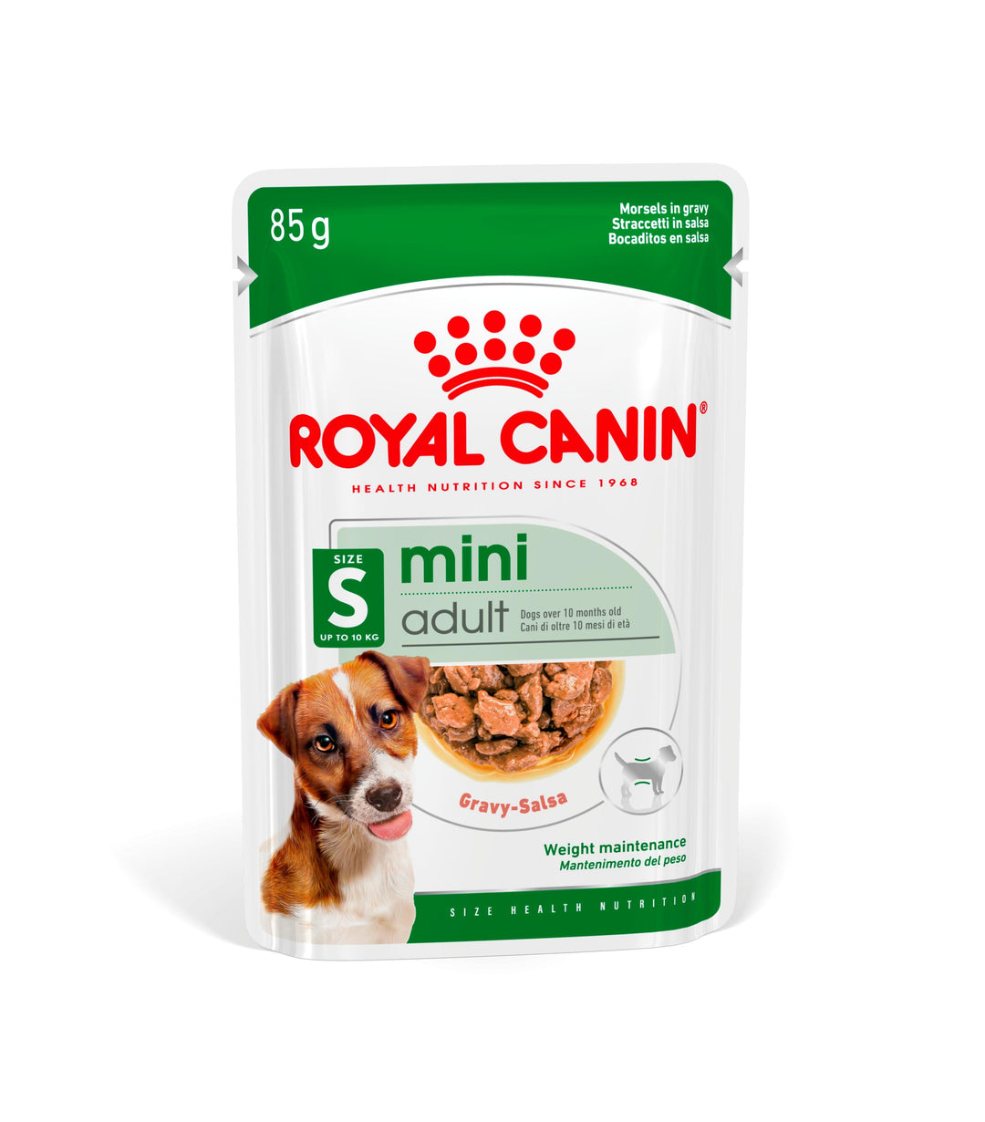 Royal Canin Mini Adult Morsels in Gravy 85g pouch, front of pack