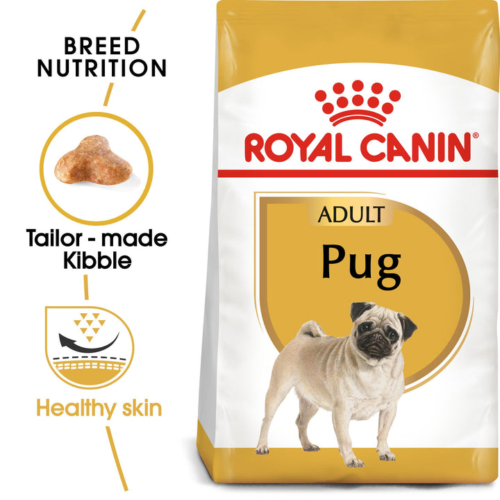 Royal Canin Pug Adult pack with tailor made kibble and healthy skin benefit