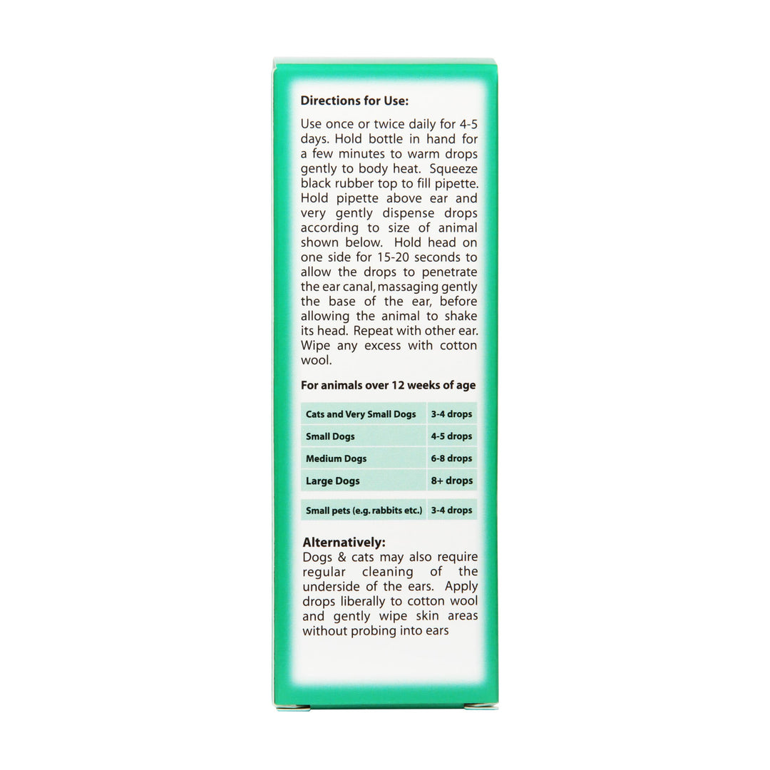 Johnson's Antiseptic Ear Drops 50ml box side: directions for use and drops per ear by pet size