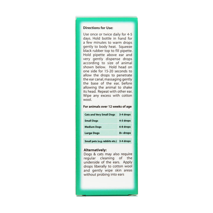 Johnson's Antiseptic Ear Drops 50ml box side: directions for use and drops per ear by pet size
