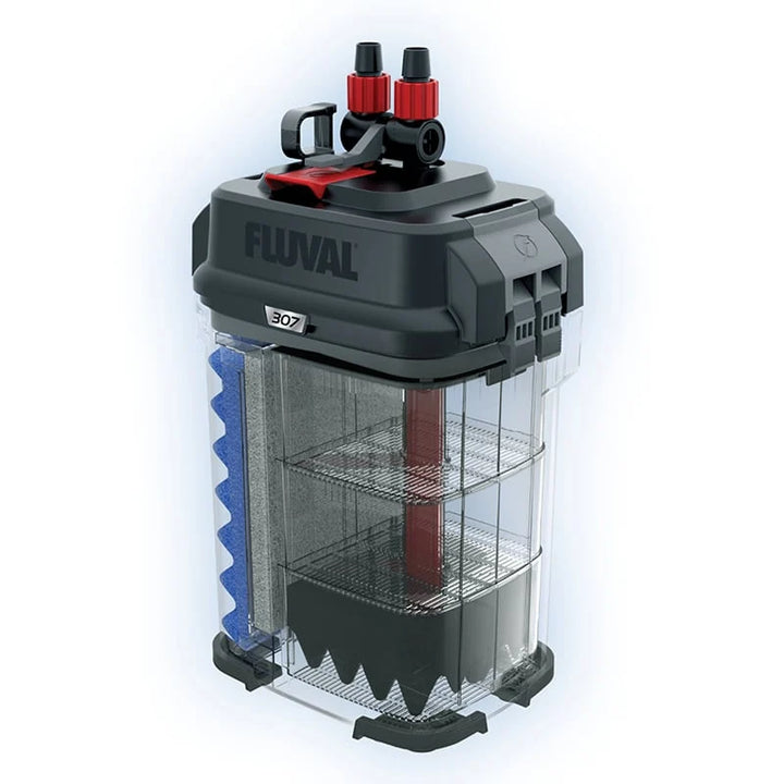 Fluval 307 canister filter cutaway showing media baskets and vertical pre filter