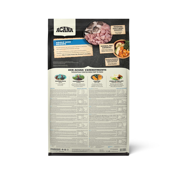 ACANA Adult Dog Recipe dry dog food bag, back of pack with ingredients and nutrition information