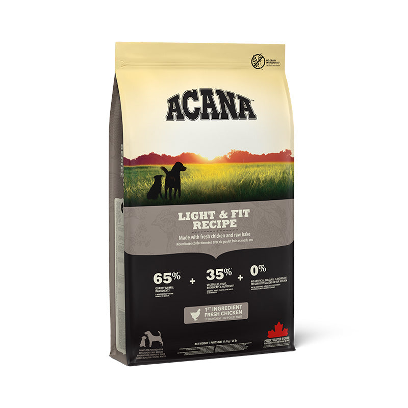 Acana Light & Fit Recipe adult dry dog food bag, current pack design, front
