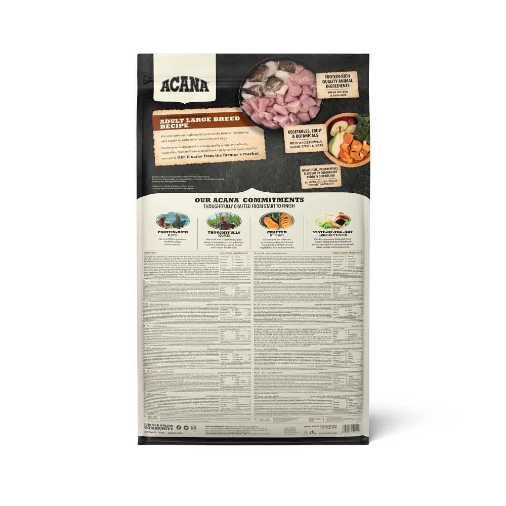 ACANA Adult Large Breed Recipe 11.4kg dry dog food bag, back of pack with ingredients and feeding information