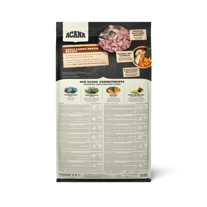 ACANA Adult Large Breed Recipe 11.4kg dry dog food bag, back of pack with ingredients and feeding information