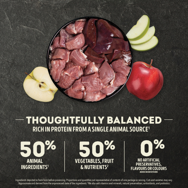 ACANA Singles Grass Fed Lamb: bowl of lamb with apples, 50% animal ingredients, 50% vegetables, fruit and nutrients