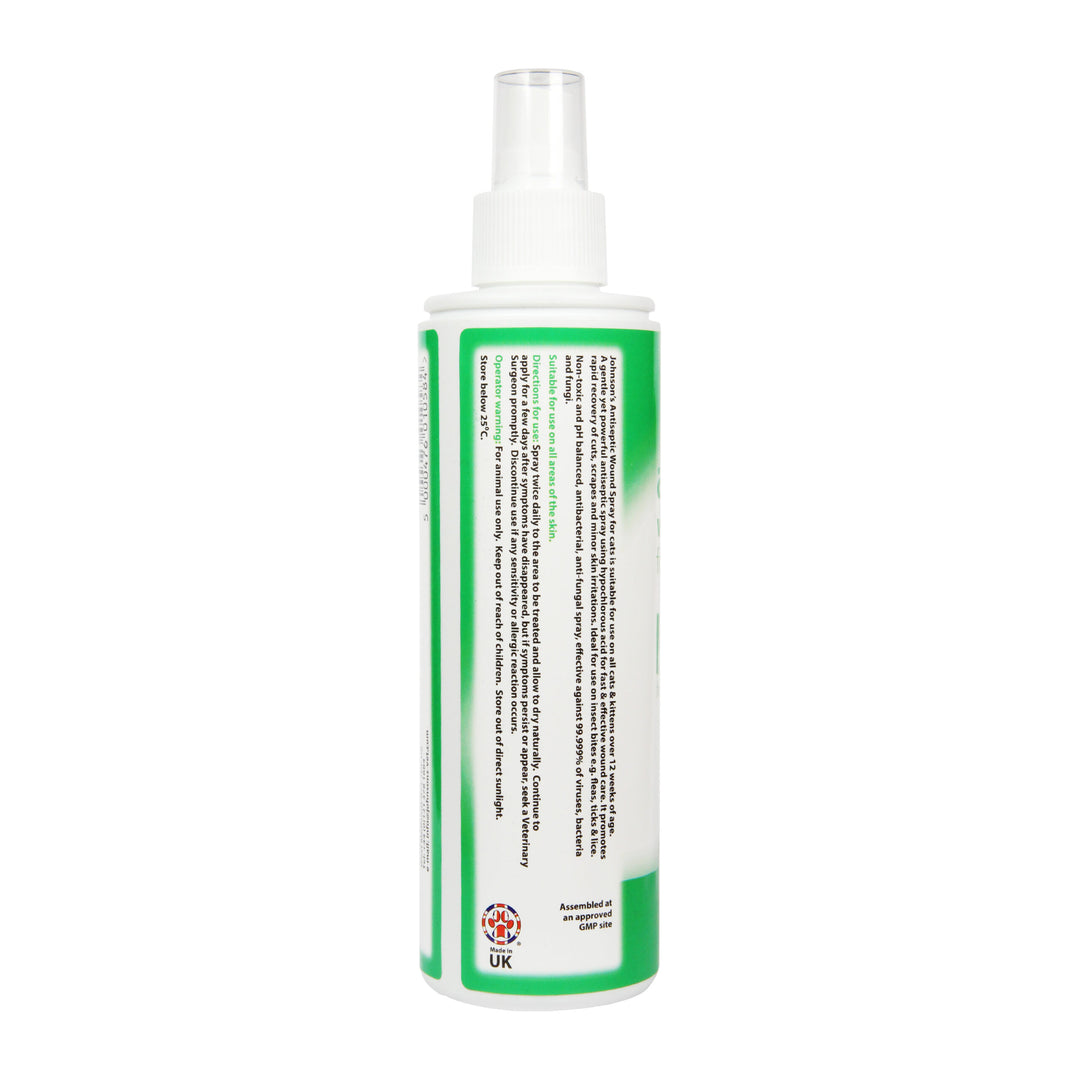 Johnson's Antiseptic Wound Spray for Cats 200ml, side of bottle with directions for use