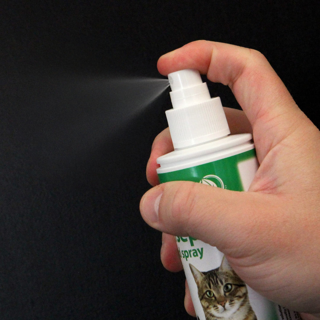 Johnson's Antiseptic Wound Spray for Cats being sprayed as a fine mist