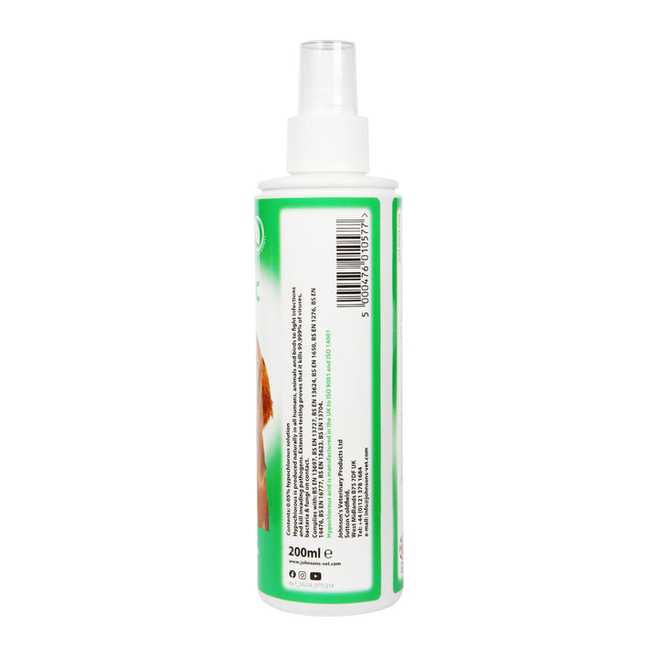 Johnson's Antiseptic Wound Spray for Dogs 200ml bottle, side label with barcode