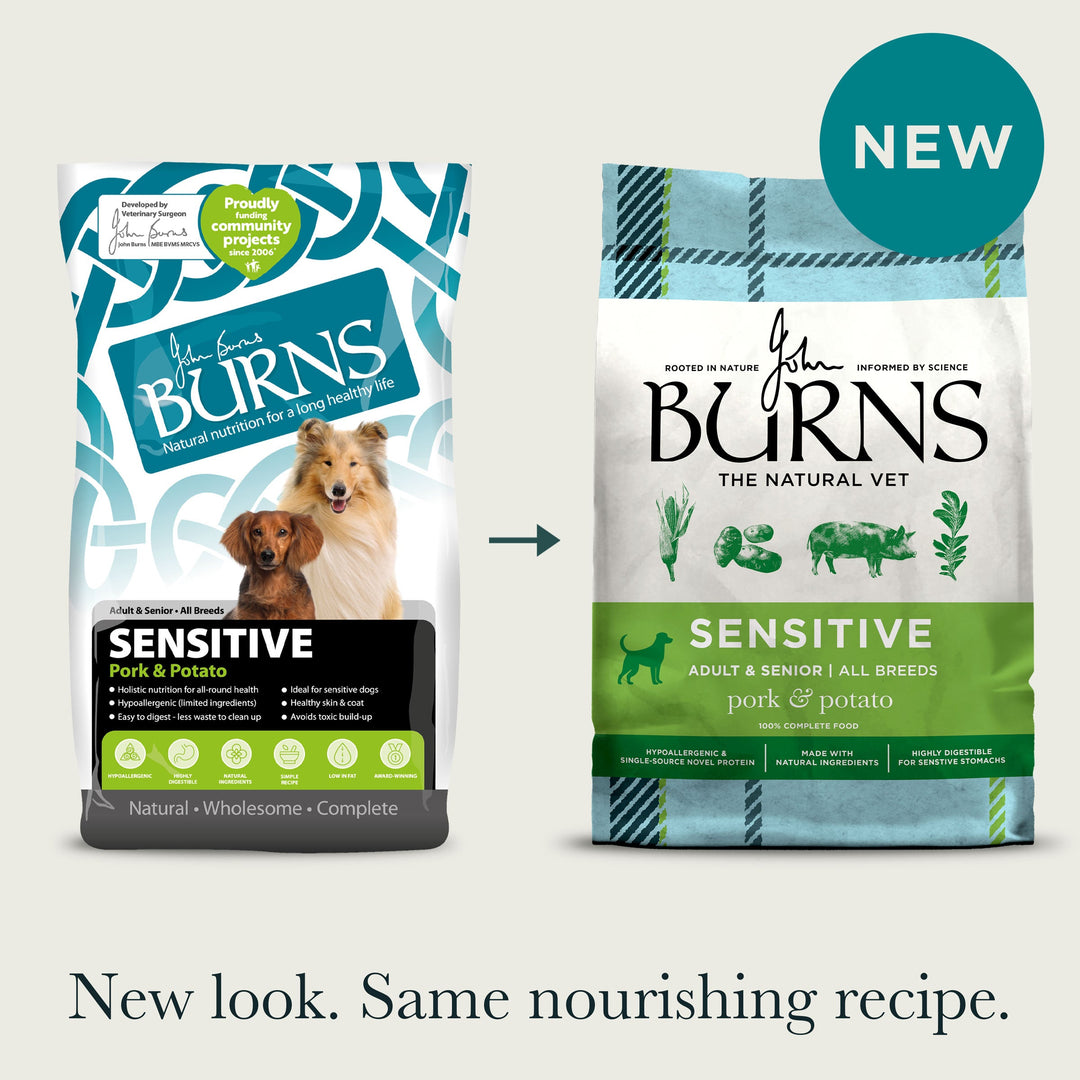 Burns Sensitive Pork and Potato old pack beside new pack: new look, same recipe